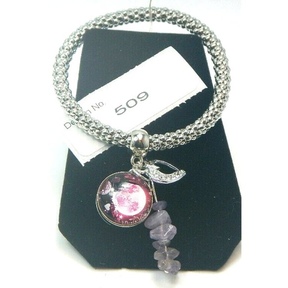 Amethyst Gemstone 5.5 mm dia. Stretch Bracelet 18 mm snap bead & charm-509 - Picture 5 of 7